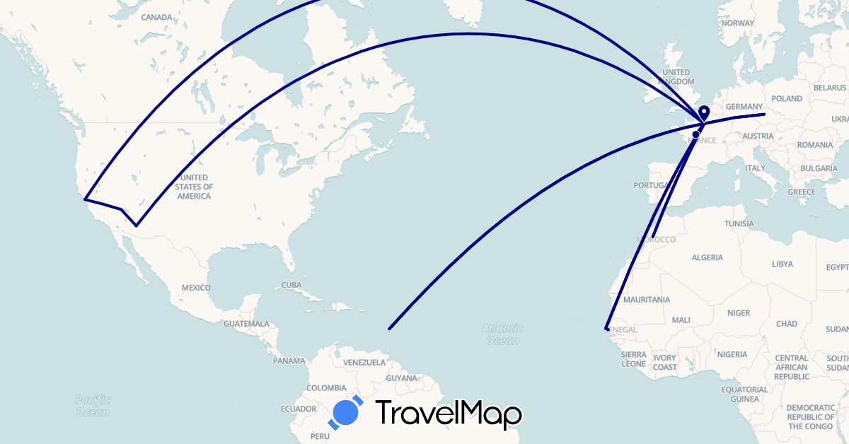 TravelMap itinerary: driving in Czech Republic, France, Morocco, Martinique, Senegal, United States (Africa, Europe, North America)